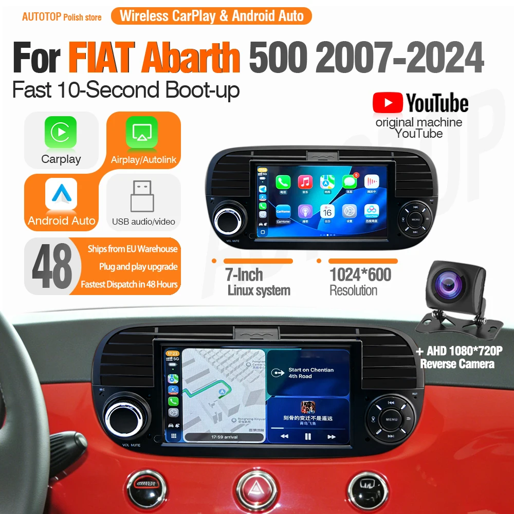 AUTOTOP 7 inch Linux autoradio multimediasysteem voor Fiat 500 500C Abarth 2007-2015 met CarPlay Android Auto 1024*600 touchscreen BT GPS - afbeelding 2