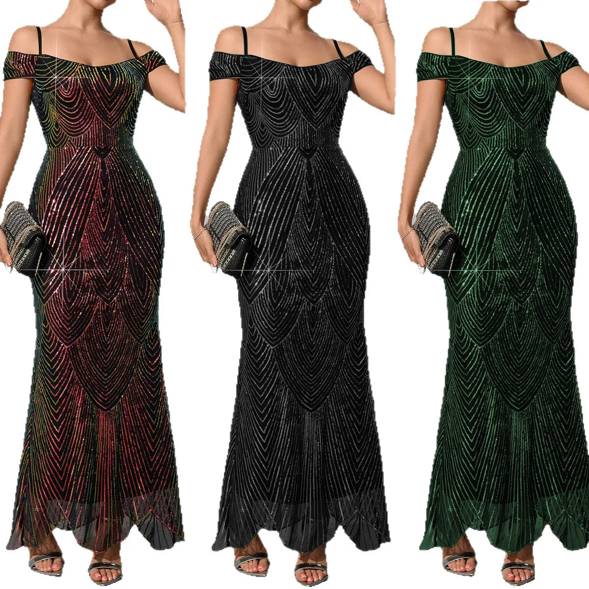 

Elegant Off Shoulder Spaghetti Straps Sequined Mermaid Long Formal Evening Dress