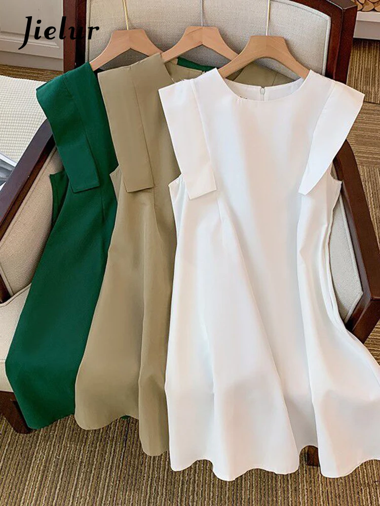 Jielur Summer New Casual Solid Color Slim Dresses Slim Elegant Ladies Women Dress White Green Coffee O-Neck Chiffon Dress Female