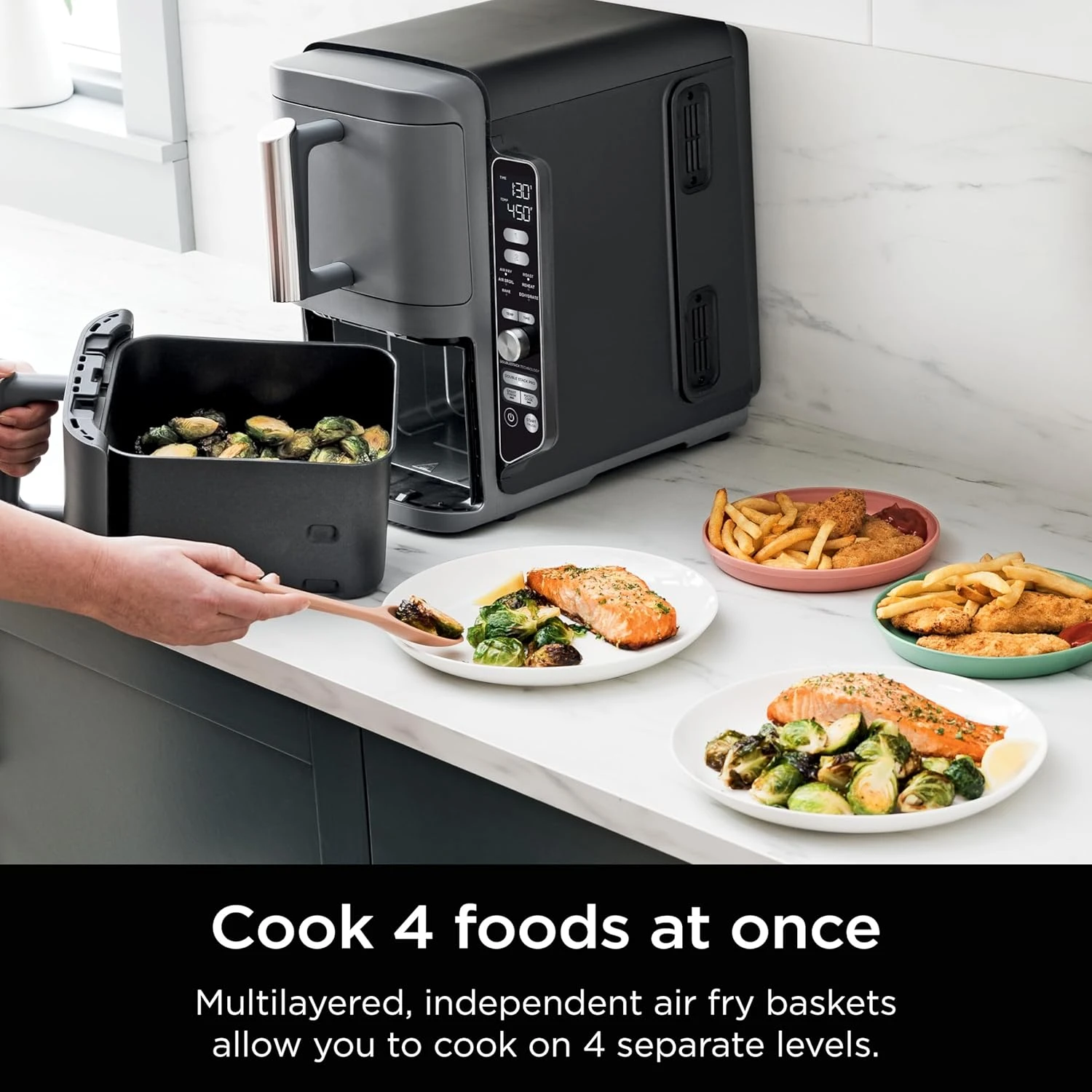 SL401 DoubleStack XL 2-Basket Air Fryer, DoubleStack Technology Cooks 4 Foods at Once, Compact Design, 10 QT, 6-in-1