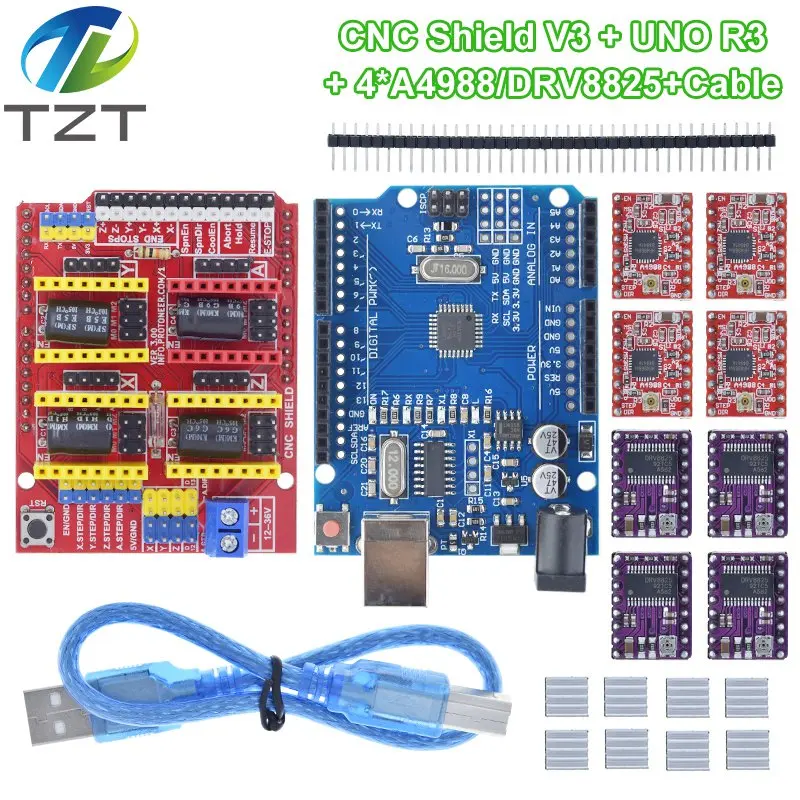 TZT UNO R3 с USB-кабелем + гравировальный станок с ЧПУ V3 3D-принте + 4 шт. DRV8825 или A4988 Плата расширения драйвера для Arduino
