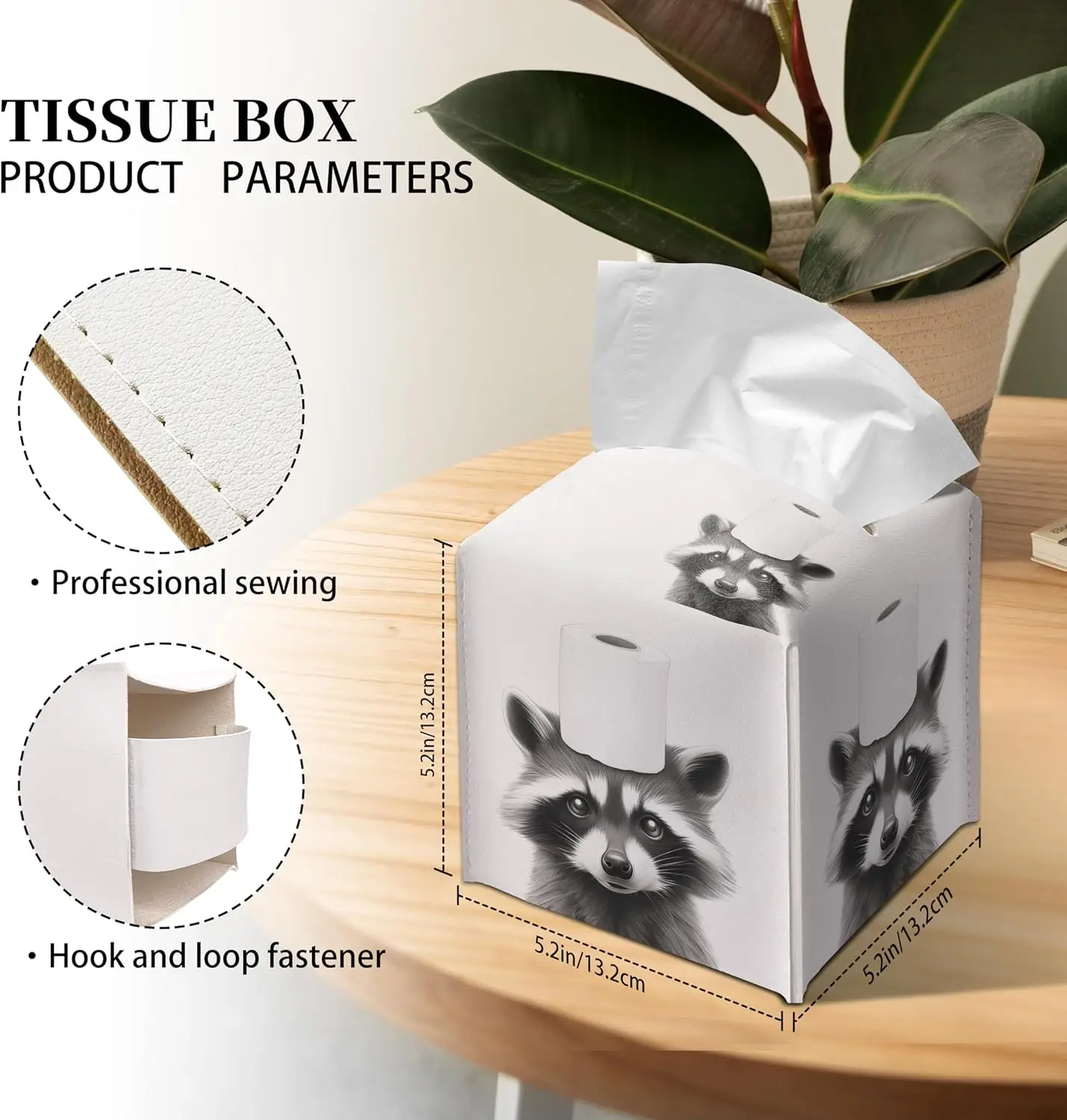 Funny Raccoon Toilet Paper Roll Print Tissue Box Cover Black White Sketch Animal Pattern Square Tissue Holder Cute Novelty
