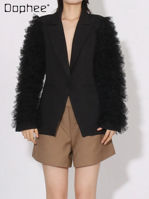 

Elegant Office Lady Casual Blazer High-End Patchwork Mesh Pleats Long Sleeve Unique Versatile Irregular Slim Blazers for Women