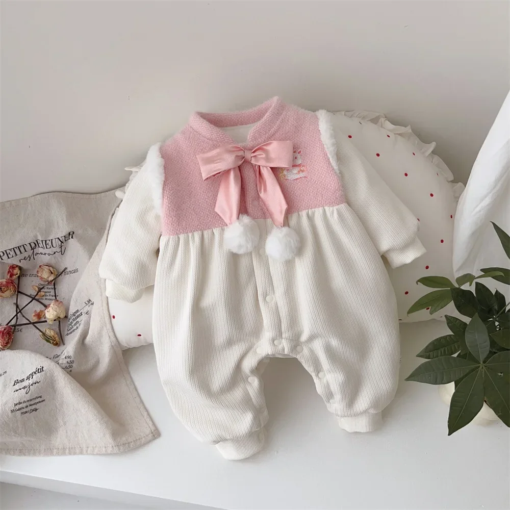 2024 Winter New in Kids Baby Girls Thicken Plush Warm Big Bow Patchwork Jumpsuits ,infant Newborn Outfits Climbing Clothing