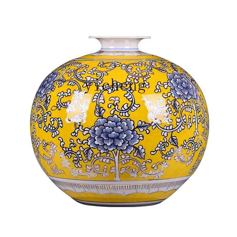 ZF Gold Decoration Hand Painted Ceramics Emperor Yellow Vase Living Room TV Cabinet Decoration Decoration