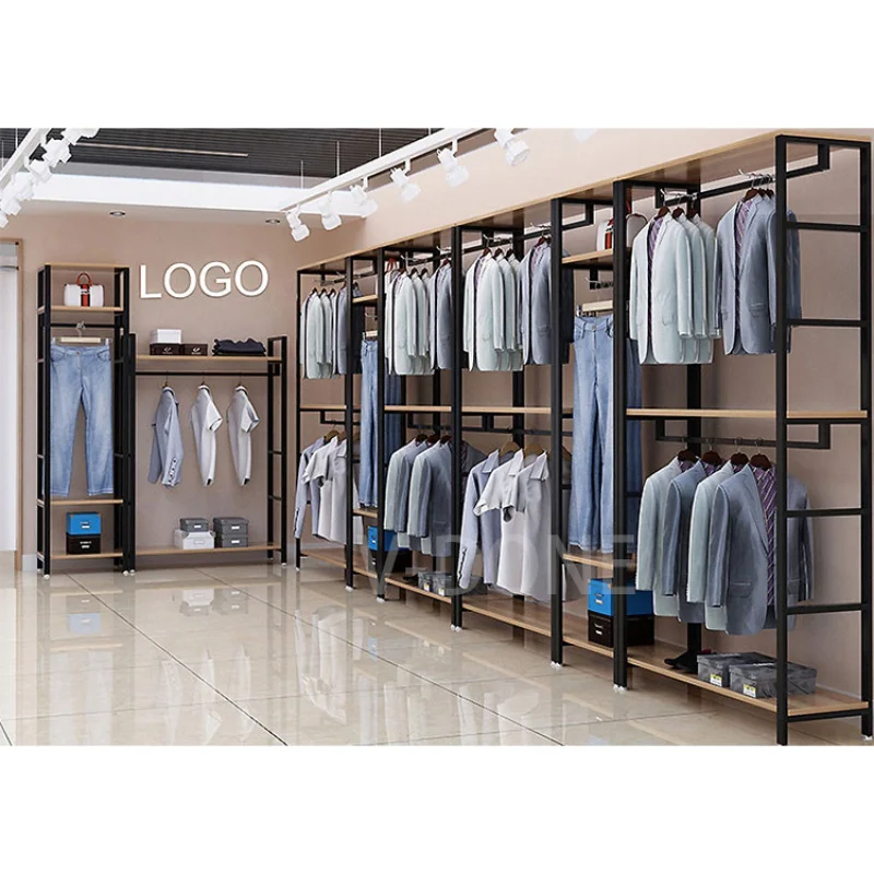 [Customized]boutique men and kid clothing shop fitting store fixtures metal display rack stand retail apparel store with she