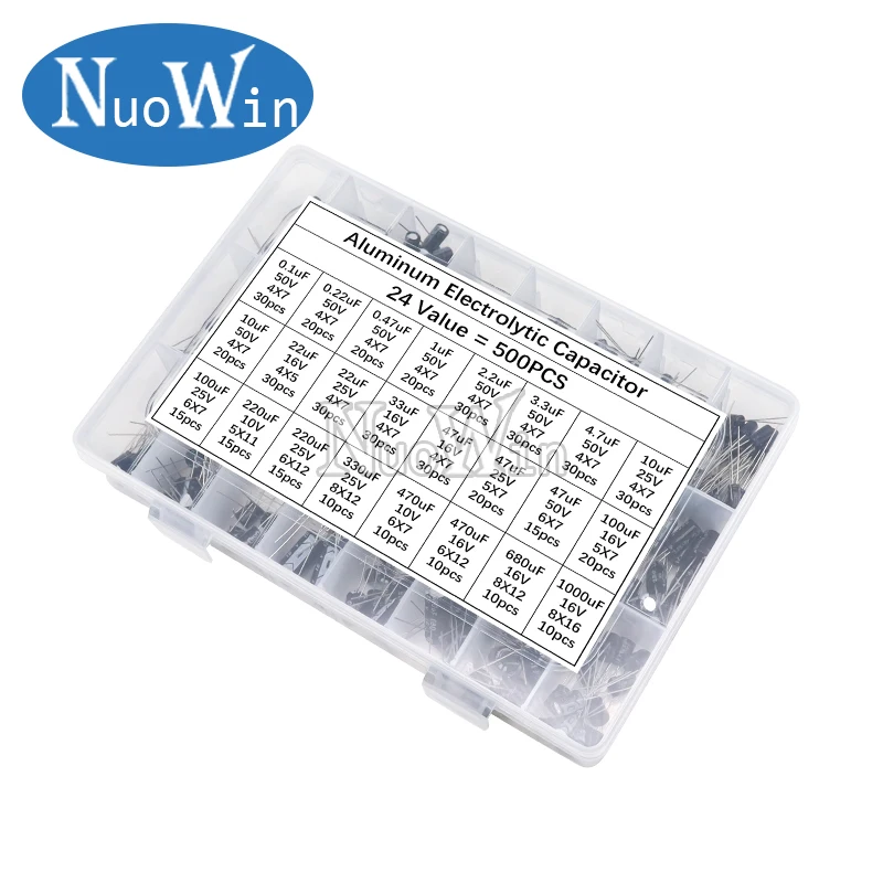 

500Pcs/lot 0.1UF-1000UF 24Values 16V-50V Mix Aluminum Electrolytic Capacitor Assorted Kit And Storage Box