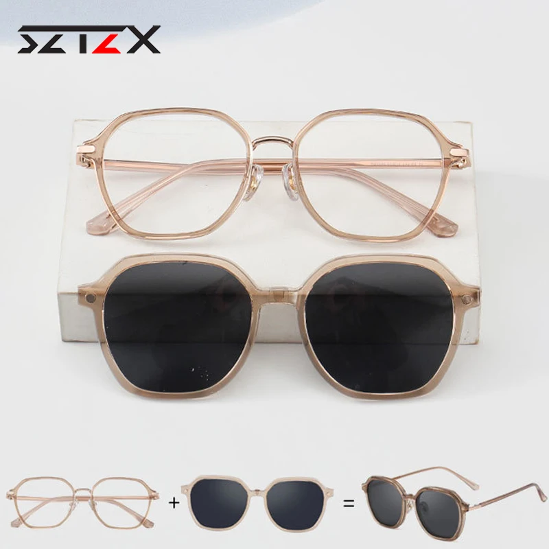 SZTZX Men Magnet Clip On Anti-Blue Ray Reading Glasses Women Optical Myopia Prescription Glasses with UV400 Polarized Sunglasses