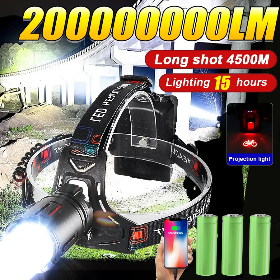 2025 poderoso led farol projeção 3*18650 recarregável cabeça lanternas brilhante lâmpada de cabeça pesca acampamento lanterna