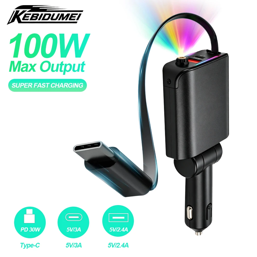 100W Car Charger with Roof Starlight Fast Charging Type-C Retractable Cable 3 Ports Phone Charger For Android Car Accessories