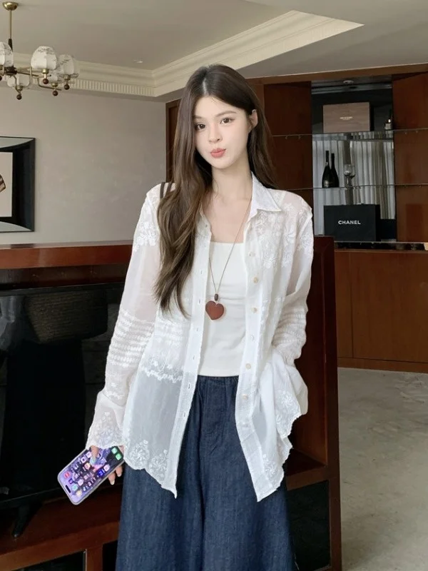 

Elegant Embroidered Lace Sun Protection Shirt Women's Summer Thin Loose Slimming Long Sleeve See-through Open Cardigan