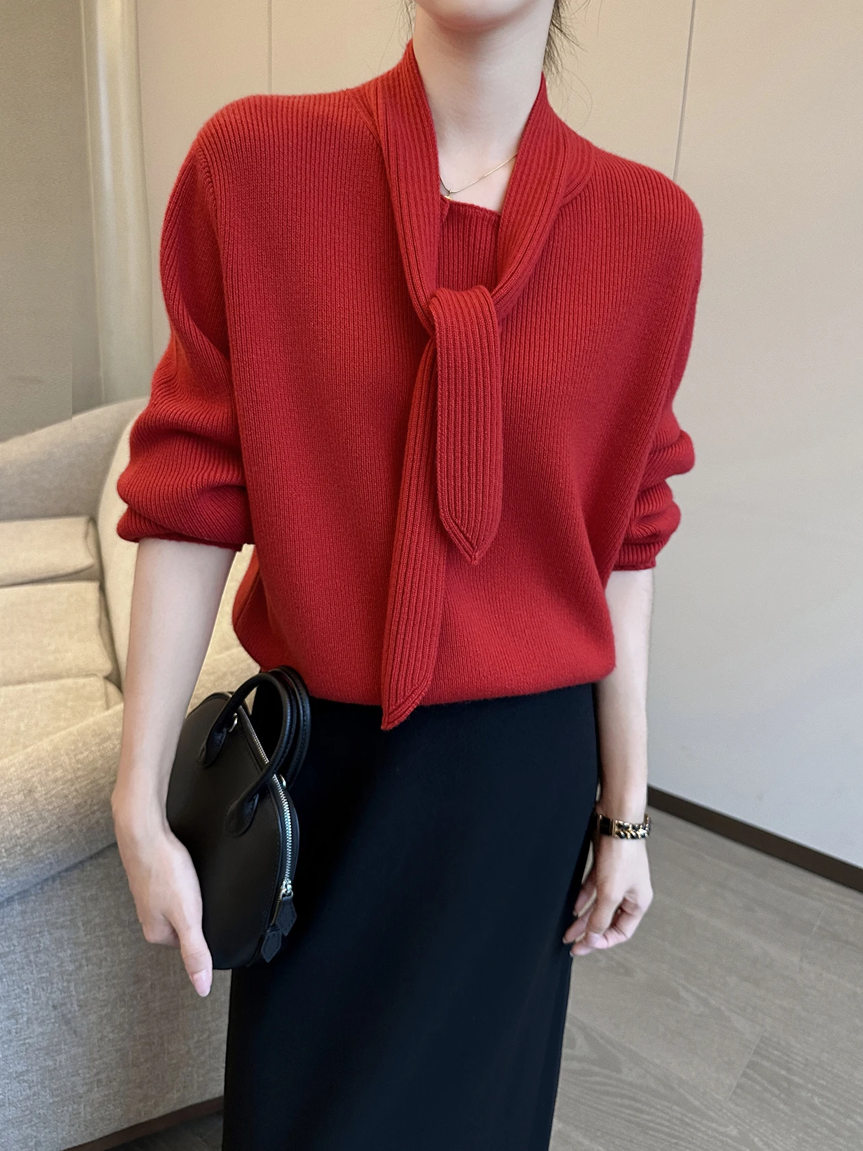 

Red Knitted Sweater Women's Winter 2025 New Faion Age-Defng Overhead Knitwear Slim Belt Classic Long Sve Regular Length
