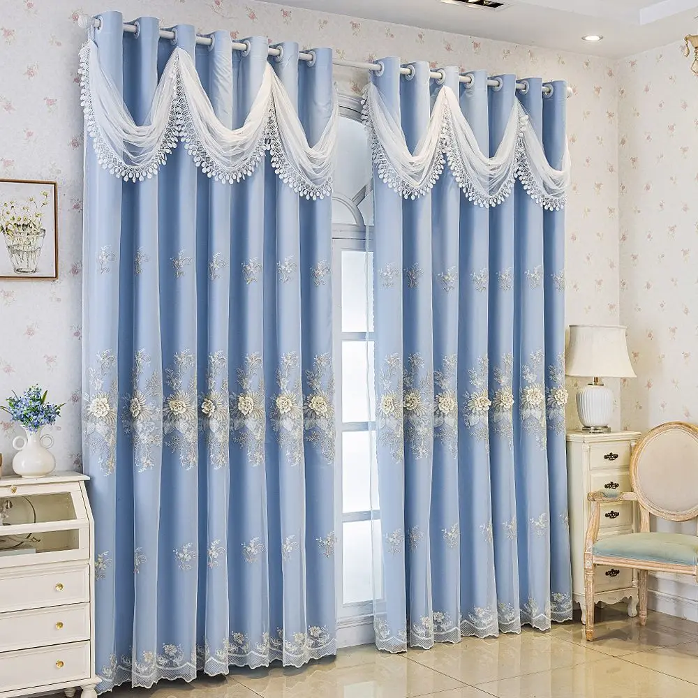 Premium Light Luxury Double Layer Curtains with Swag Valance - Floral Embroidery & Blackout Lined for Living Room & Bedroom