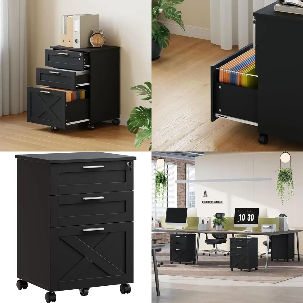 

Прочный мобильный офисный шкаф для документов с замком, 3 ящика, матовое черное покрытие, для форматов Letter/Legal/A4, передвижная подставка для принтера