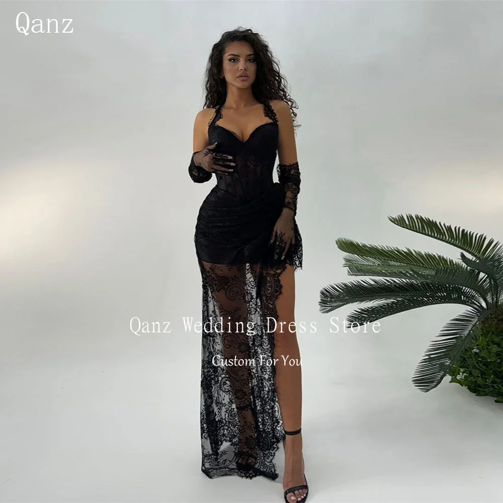 

Qanz Sexy See Through Prom Dresses Mermaid Black Lace Halter Neck Corset Back Party Dress High Slit No Gloves Robes De Cocktail