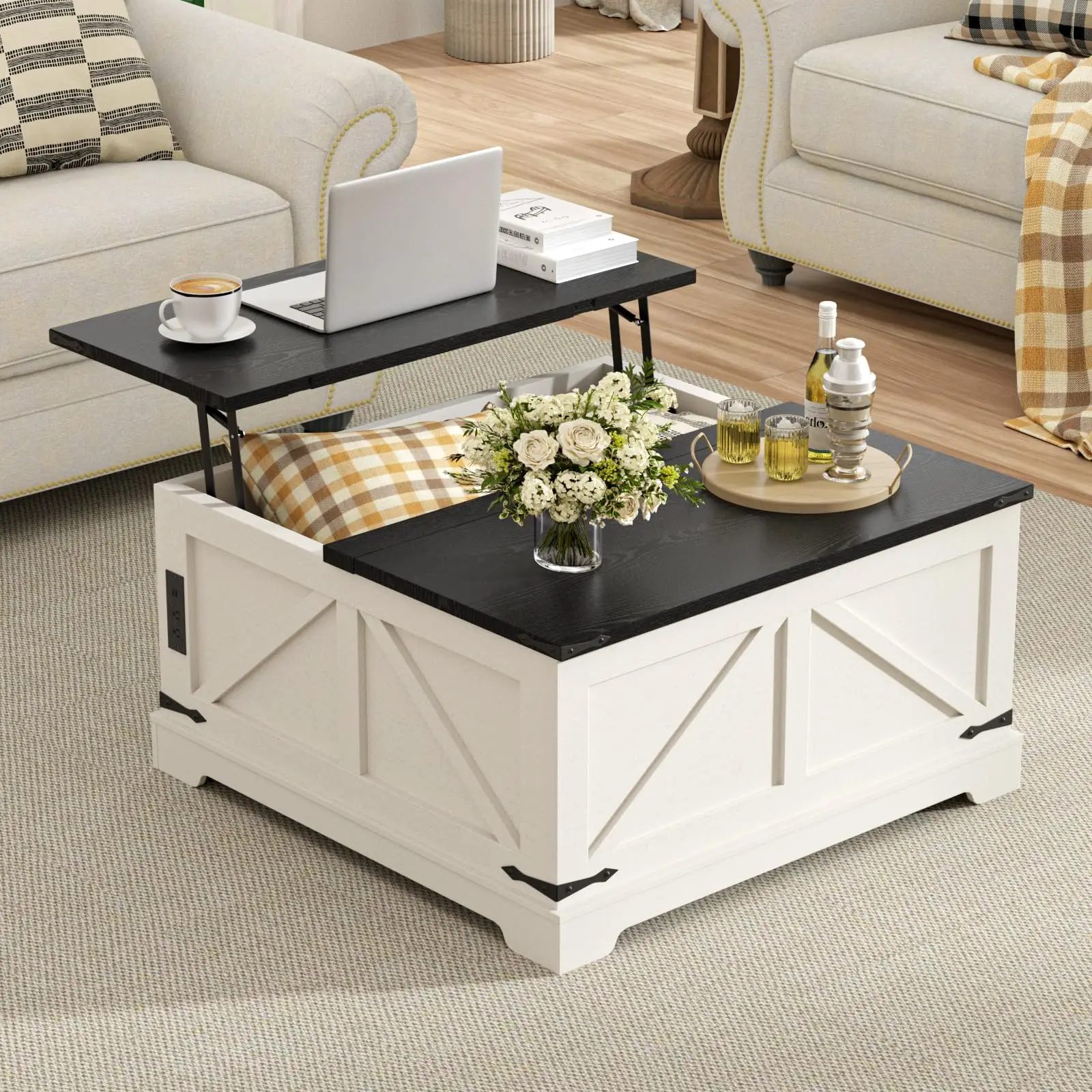 Vabches Lift Top Coffee Table with Storage Square Center Table with Power Outlet&Flip Top Lids Wood Coffee Table for Living Room