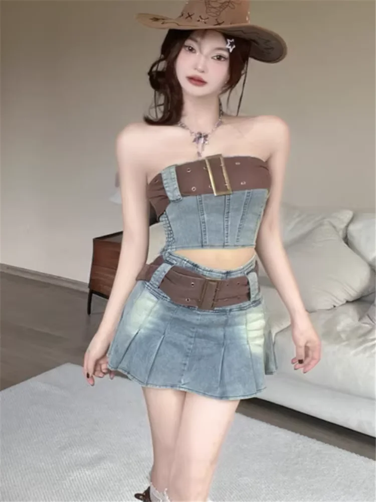 Spicy Y2k Girls Retro Denim Two Piece Sets Sexy Strapless Short Vest Top&High Waist Belt Mini Skirt Street Style 2 Pieces Suits