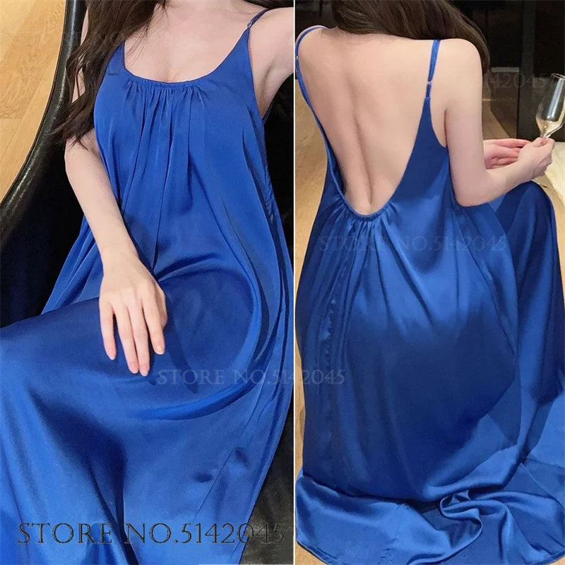 SEXY Backless Long Nightgown Sleepwear Summer New Suspender Nightdress Women's Lingerie Ice Silk Nightie Home Dress Loungewear