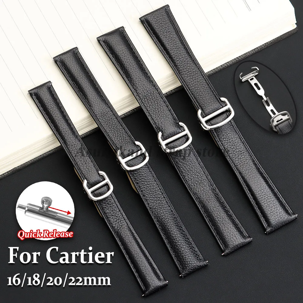 Correa de reloj de cuero de grano Litchi de 16mm, 18mm, 20mm y 22mm para Cartier Tank London, pulsera con hebilla plegable, pulsera de negocios para hombres y mujeres