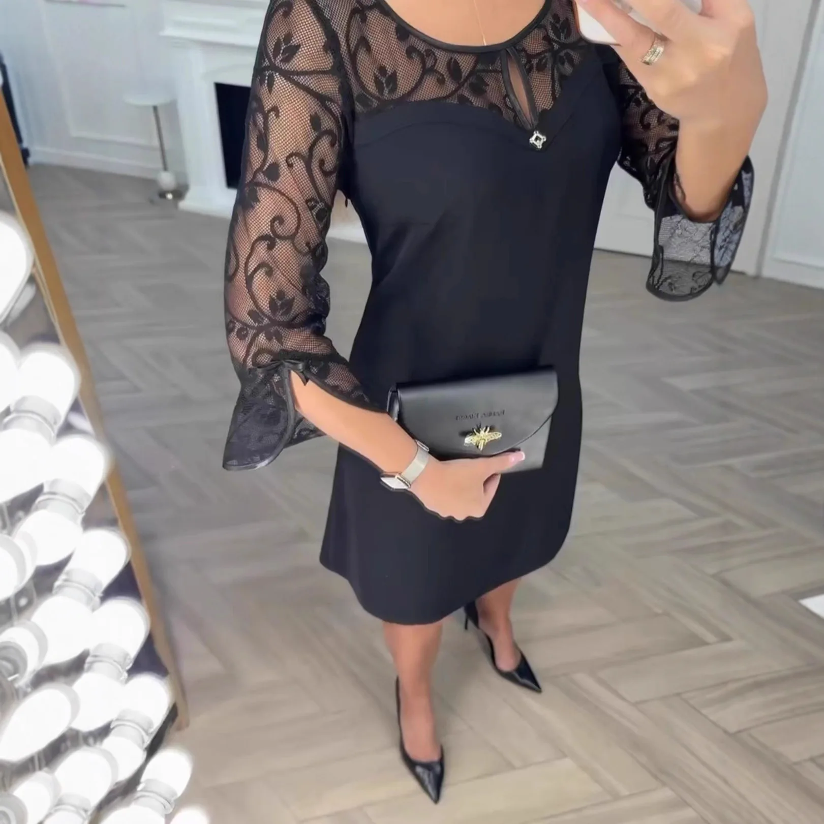 

2026 New Fashion Lace Slim Bell Sleeve Dresses Women Spring Sexy And Elegant Solid Color Round Neck Long Sleeve Dress For Women