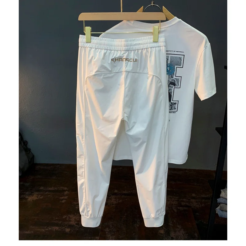 

Summer thin ice silk casual pants for men, 2025 new fashionable breathable drawstring leg tied sports pants