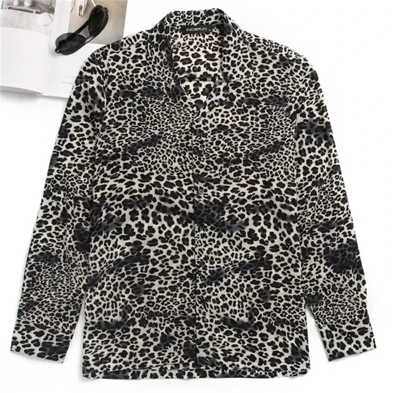 Luxury Mens Leopard Print Long Sleeve Slim Blouse Stylish Club Shirt Graphics Tees Shirts Trendy Unisex Hawaii Breathable Tops