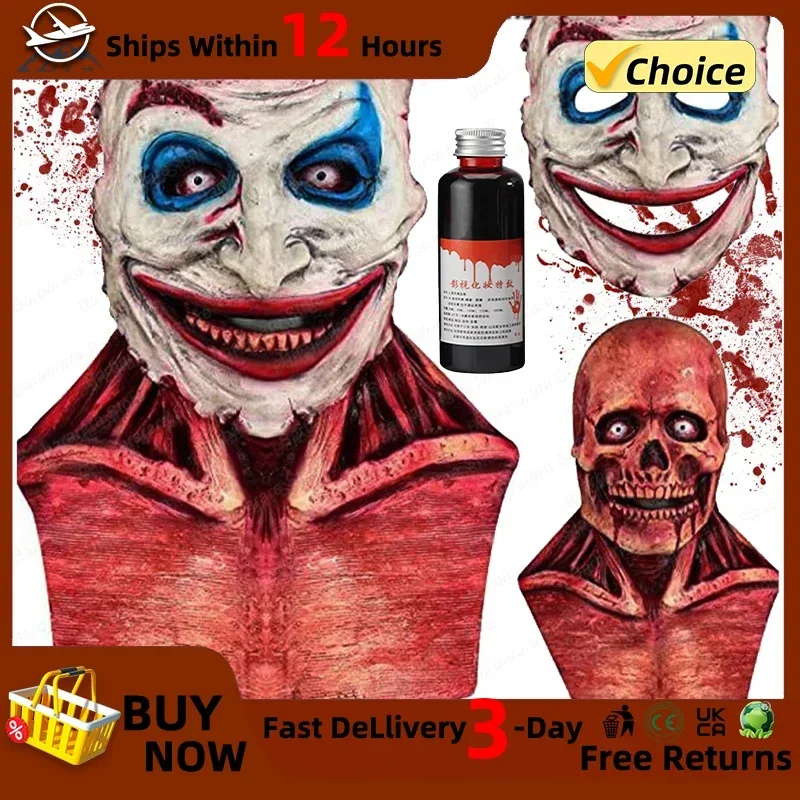 2024 New Halloween Double Rip Mask Bloody Scary Skeleton Latex Mask Scary Cosplay Party Mask Mascara Halloween