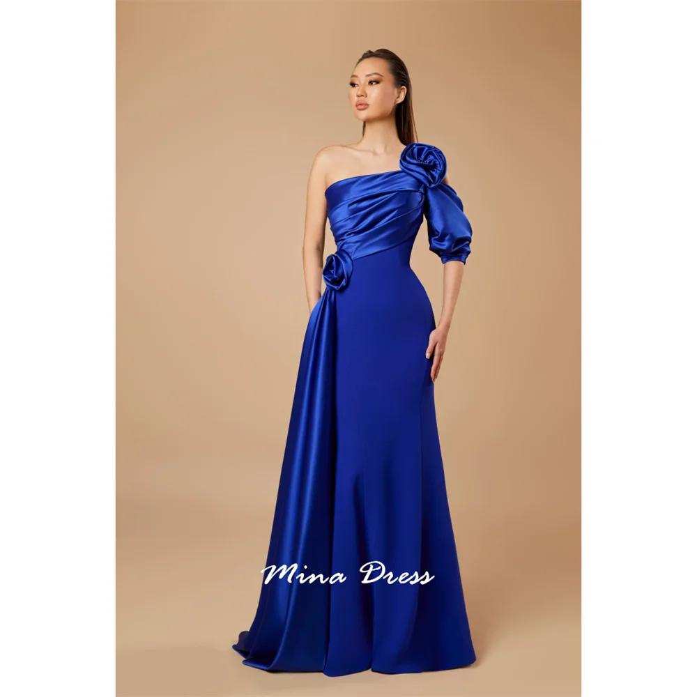 

Mina Customized Flowers Evening Dresses for Women One Shoulder Dress With Corset Folded Off-shoulder Royal Blue Flower Ballgown