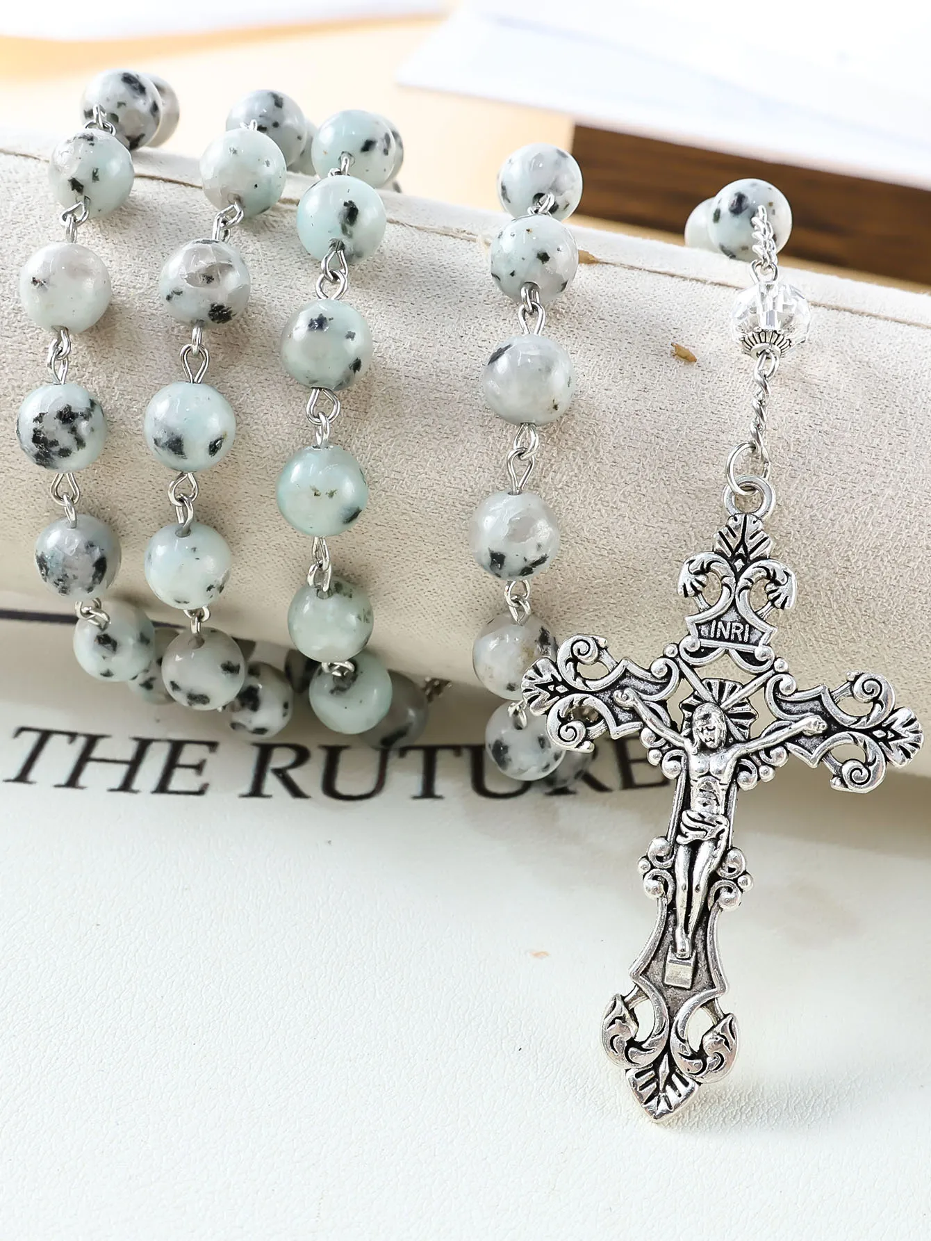 Handmade 8mm natural stone round bead cross pendant metal accessories Catholic necklace jewelry suitable for both men and women