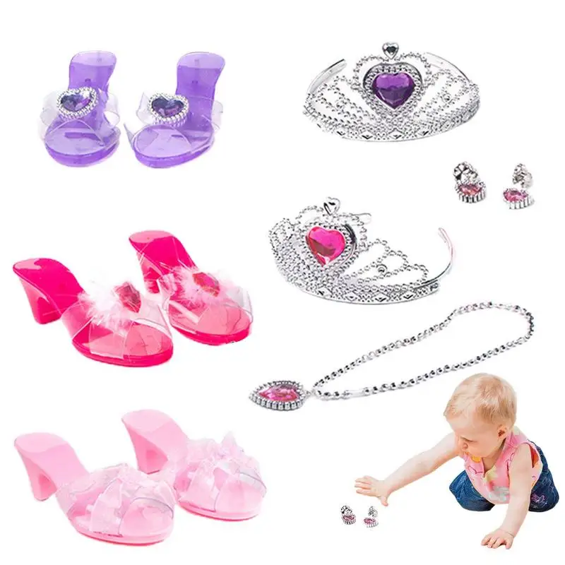 Princess Dress Up Shoes Jewelry Necklace Earrings Crown Pretend Game Toy Fashion Accessories Sets Girls Gift Toy For Toddler