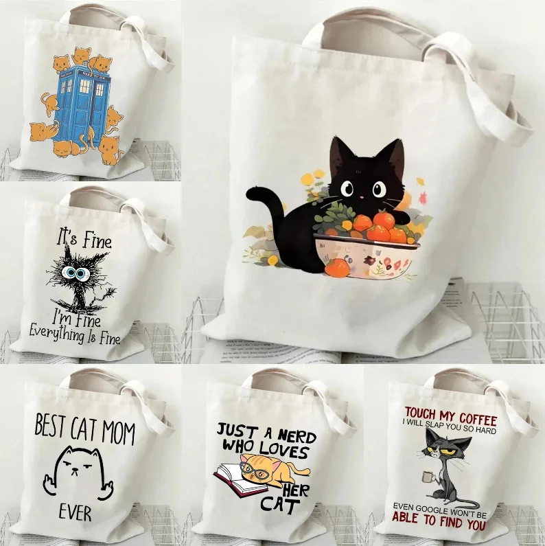 Cat and Book Canvas Handbag Ladies' Cute Cat Shopping Bag Student Tutoring Shoulder Bag Cartoon Handbag