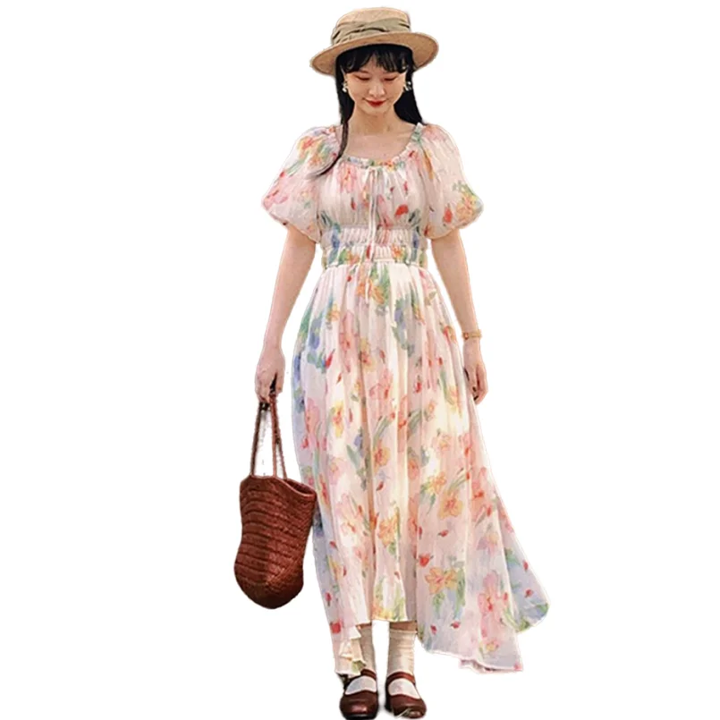 

Summer Chiffon New Women's Fresh Printed Long Dress Puff Sleeves Elastic Waist Lightweight Prairie Chic Flowy Cozy Vestidos