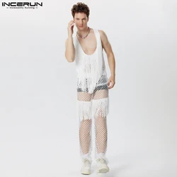 INCERUN Men Sets Mesh Tassel Patchwork Hollow Out Transparent Sleeveless Tank Tops & Pants 2PCS Streetwear 2024 Men Suits S-5XL