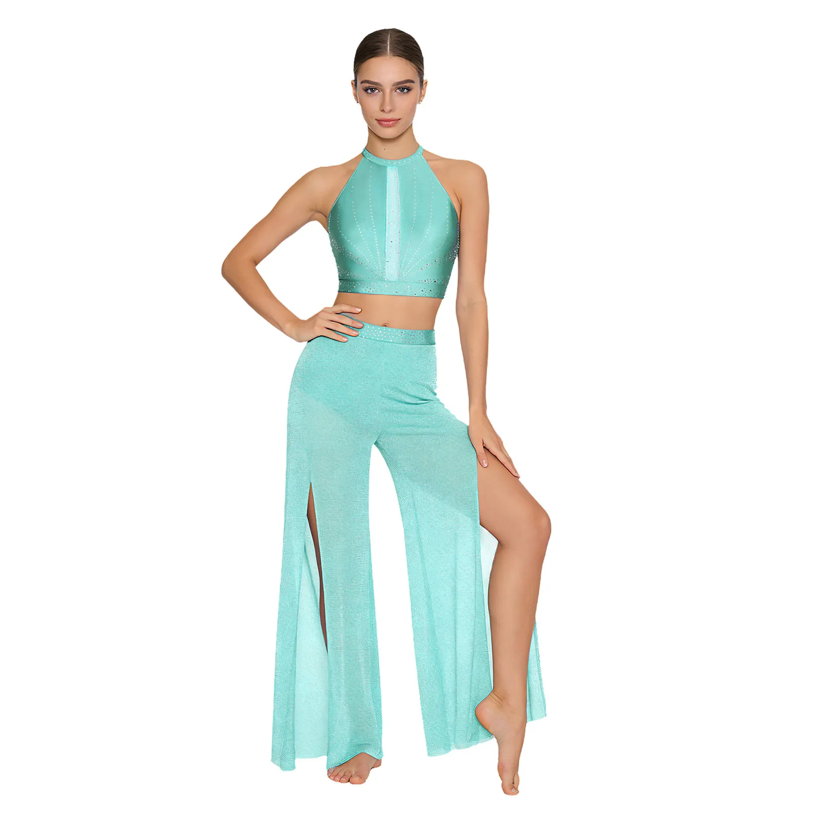 

Womens Rhinestones Ballet Lyrical Dance Outfit Performance Costume Hollow-out Tank Top And Shimmering Mesh Legs Wide Leg Pants