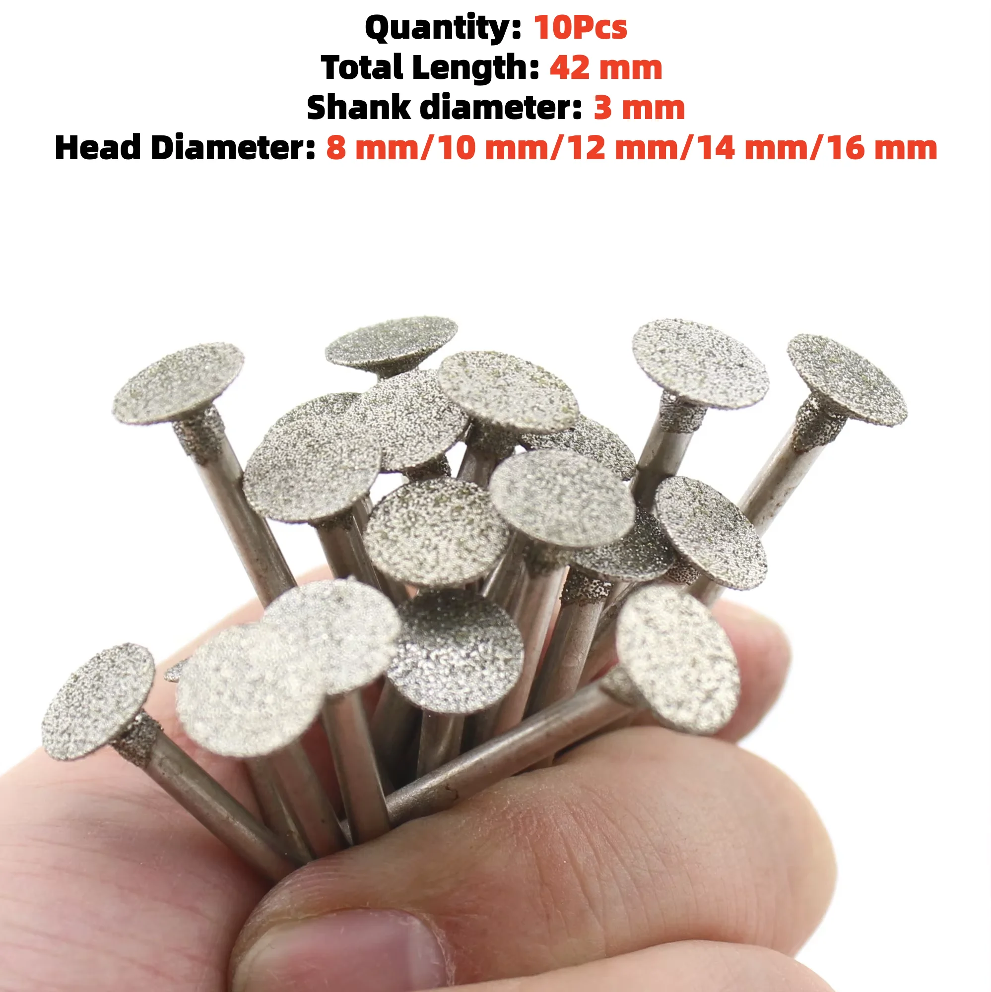 10Pcs 8-16mm Diamond Grinding Burr Bits Set Nail Head Shape 3mm Shank for Jewelry Glass Stone Metal Carving Lapidary Tool