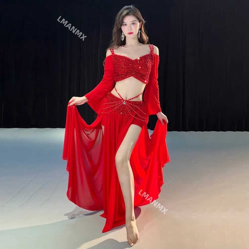 luxury Oriental sequins Belly dance practice clothes suit lesson wear waist chain dresses dancing top skirt costume woman Stage