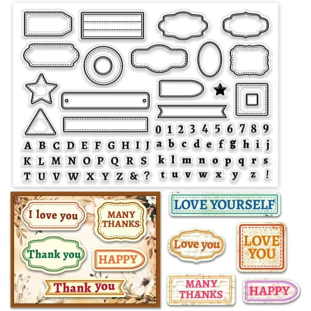 Transparenter Stempel mit Buchstaben und Zahlen für die Kartenherstellung, Etikettenrahmen, Alphabet, Silikon-Gummi-Stempel, Textbox, transparenter Siegelstempel für Tagebuch