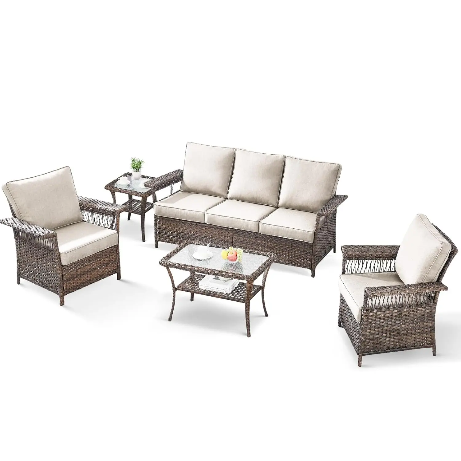 

Комплект садовой мебели из 5 предметов: плетеные кресла с широкими полыми подлокотниками, 3-местный диван с кофейным столиком, на заказ