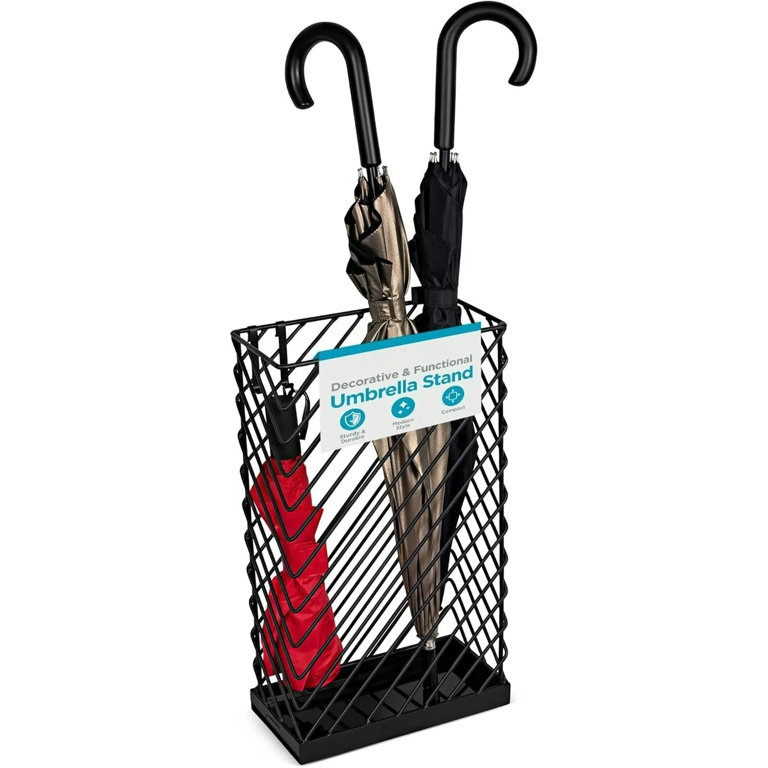 

Decorative Umbrella Stand with Removable Water Tray - Large Metal Umbrella Rack and Cane Walking Stick Organizer for Entryway