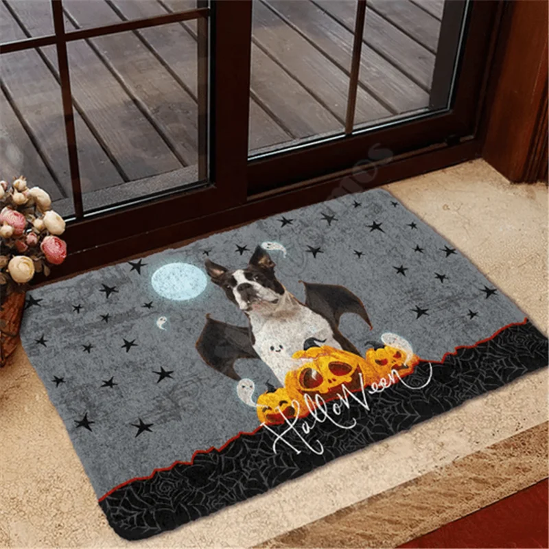 Halloween Vampire Boston Terrier Custom Doormat 3D All Over Printed Indoor Outdoor Doormat Non-slip Love Dogs Gift