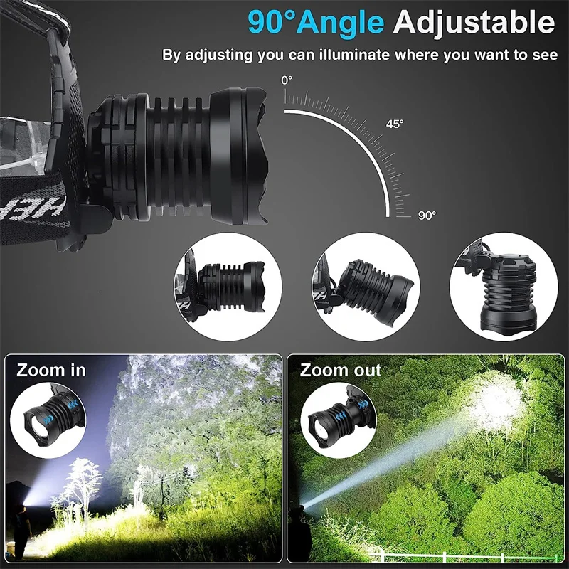 90000LM Powerful Long Range LED Headlamp USB Rechargeable Headlight Waterproof Zoomable Head Torch Outdoor Head Flashlight