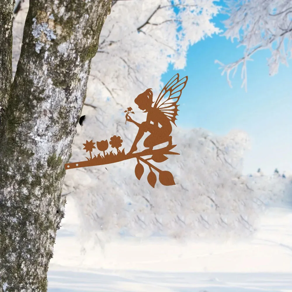 Enchanting Picking Flowers Fairy On Branch Steel Silhouette – Add Magic and Charm to Your Decor. Stunning Metal Wall Art