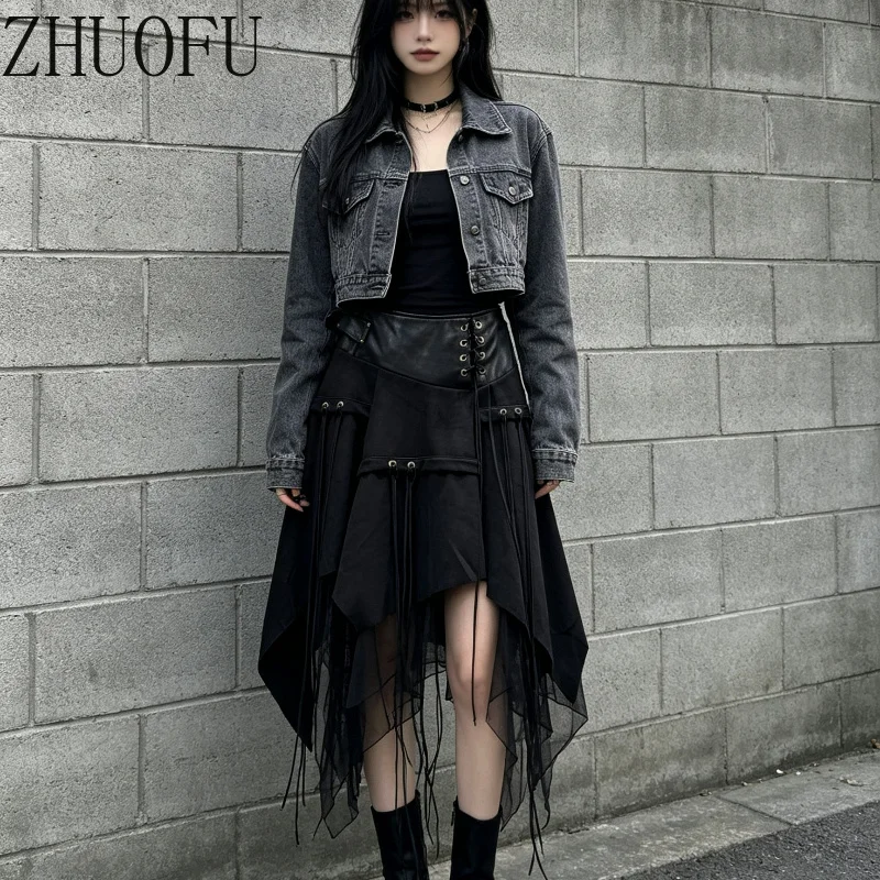 Vintage Gothic Women Skirt Faux Leather High Waist Lace‑Up Tassel Mesh Splicing Asymmetrical Hem Midi Skirts Street Style New