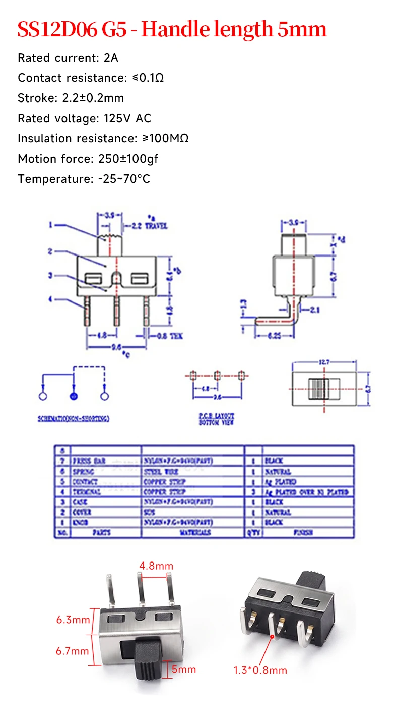 5 Stück SS-12D06 G5 gebogener Miniatur-Kippschalter mit 5 mm langem gebogenem Griff für den Markt elektronischer Komponenten – Detail 1