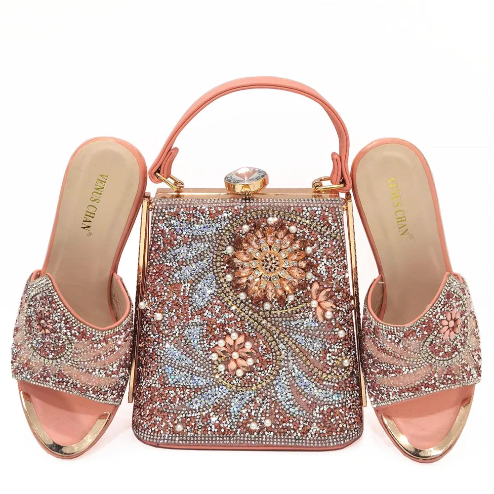 

Latest Peach Color Matching Italian Shoe and Bag Set Decorated with Rhinestone African Matching Shoes and Bags Italian In Women