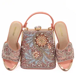 Latest Peach Color Matching Italian Shoe and Bag Set Decorated with Rhinestone African Matching Shoes and Bags Italian In Women