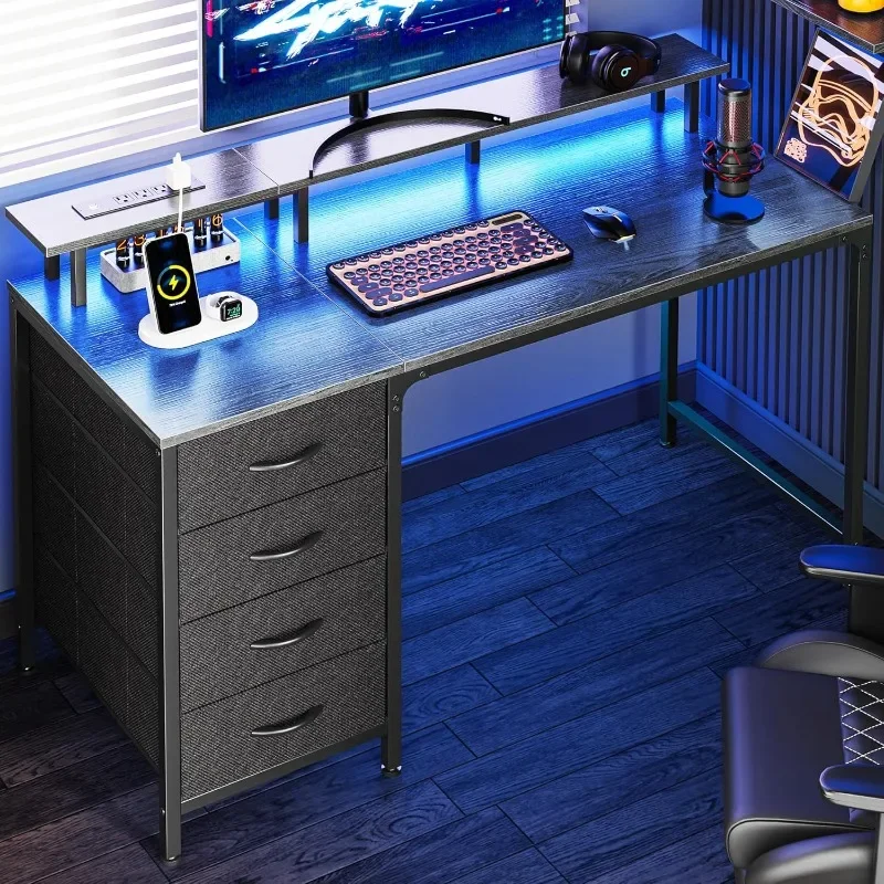 Gaming Desk with 4 Drawers, Office Deskl # Power Outlets and LED Lights,