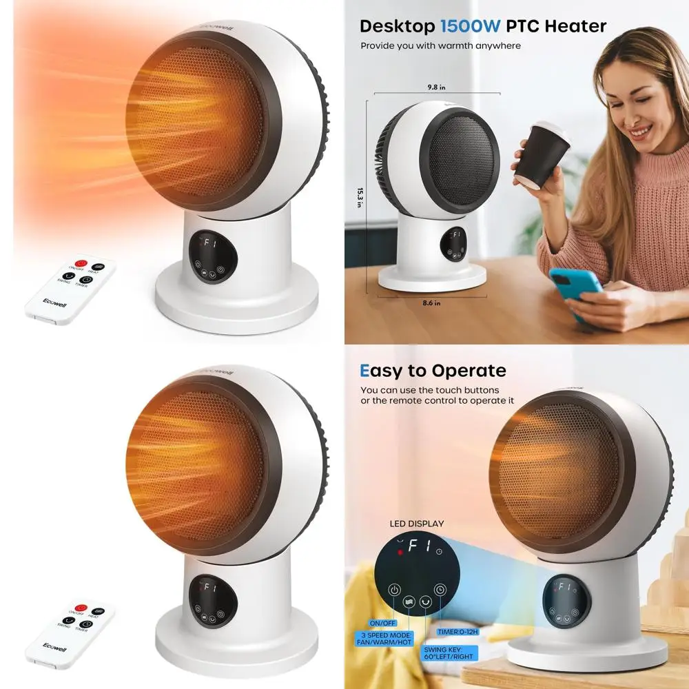 

Compact 1500W Ceramic Heater with Remote, Timer, LED Display, Oscillating Desk Fan-Heater Combo for Quiet Indoor Use