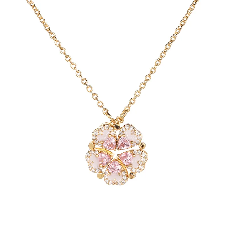 

1Pc Exquisite And Luxurious Pink Petal Necklace,Diamond-encrusted Four-leaf Clover Sweater Chain,Flower-decorated Clavicle Chain
