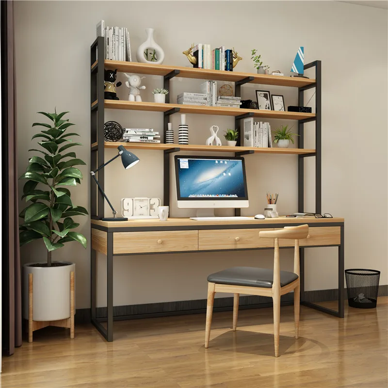 

Solid wood double desk bookshelf combination with drawers writing desk study table loft Nordic couple computer desk